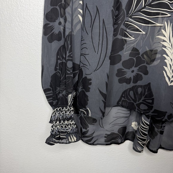 Cabi Aloha Tropical Gray Sheer Long Sleeve Top Blouse Swim Cover Womens Large - Picture 3 of 11